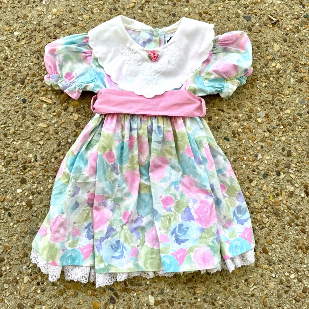 VTG 90s JoLene Spring Floral Lace Big Bow Dress Size 4T Made in USA